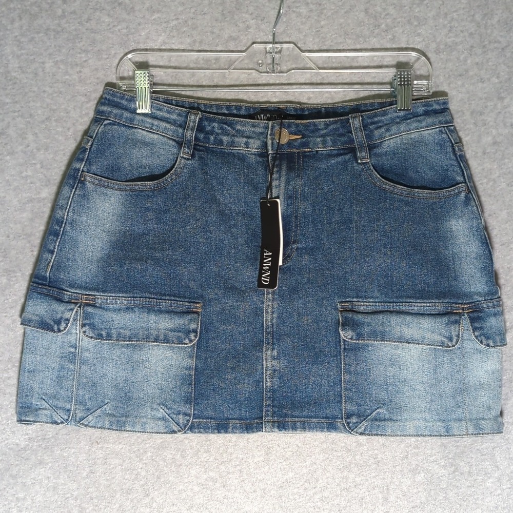 New ANWND Cargo Pocket Mini Denim Skirt Jean Sz. L Blue